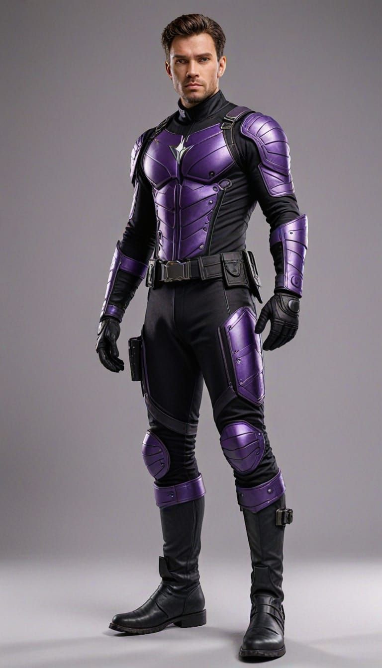 Handsome Hero in Violet and Black Textured Costume