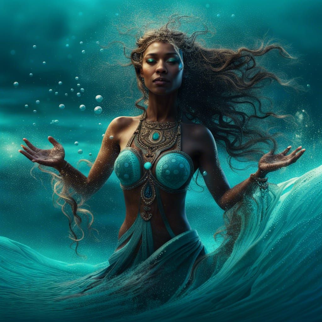Water Goddess Parting Turquoise Waves: Fantasy Art