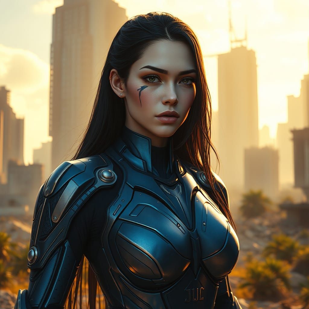 Scarred Woman in Cyberpunk Armor Cityscape Concept Art