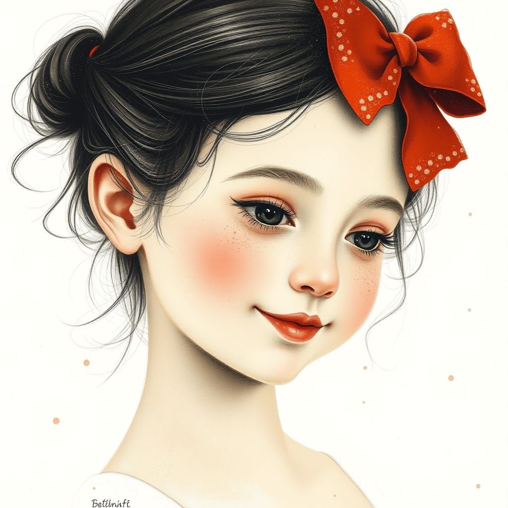 Dreamy Young Girl in Minimalist Pyrogravure Style