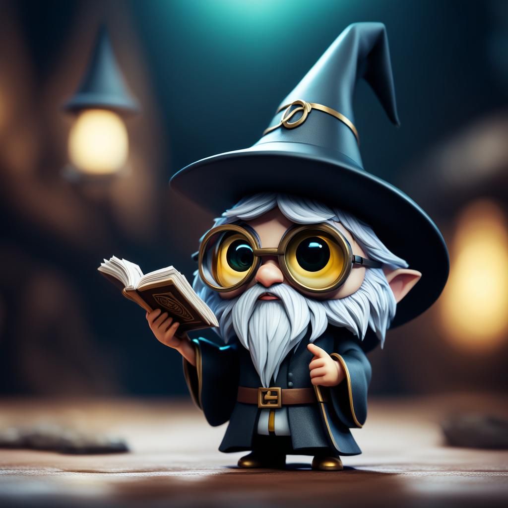 Mischievous Chibi Wizard with Spellbook in Film Noir Style