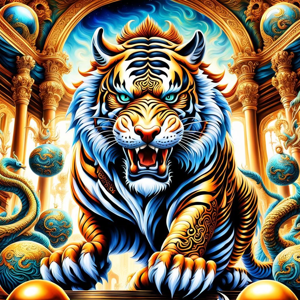Ornate Tiger Dragon Dances in Hyperdetailed Ballroom