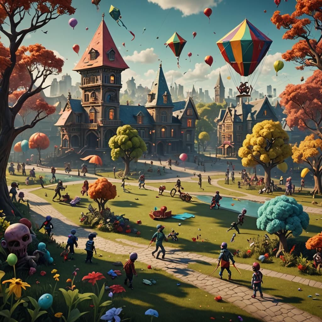 Toys and Zombies Play Kite, Detailed Matte Painting