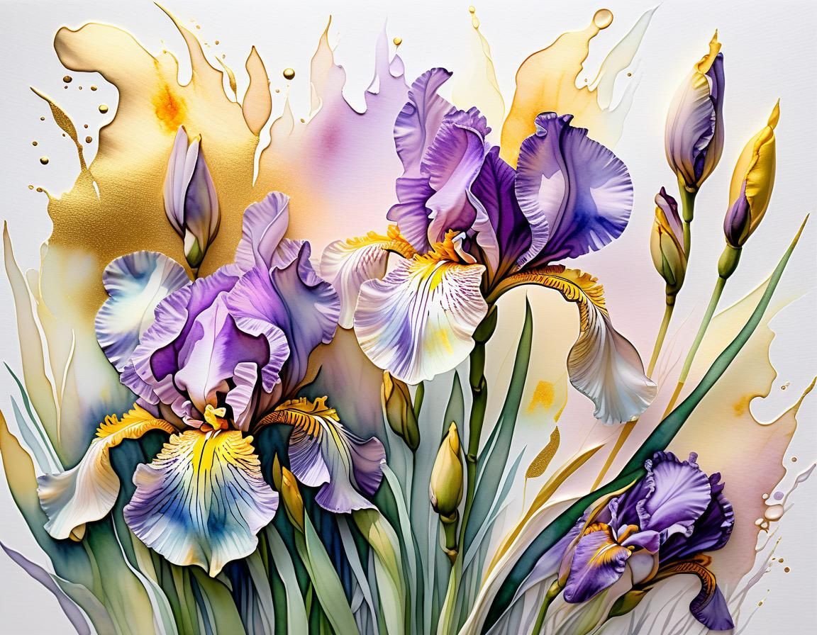 On mother-of-pearl colored, delicate mauve and yellow irises