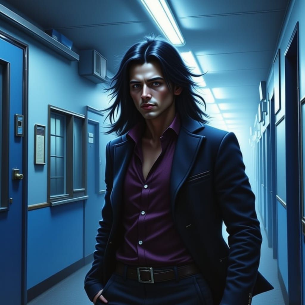 Handsome Young Man with Blue Eyes in School Hallway