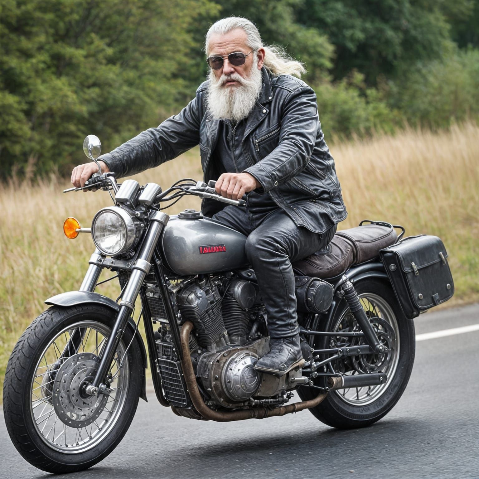 " Old biker' 'grey hair' ' long grey tatty beard' 'riding fast towards me' 'old leather jacket open' 'waistcoat' 'leathe...