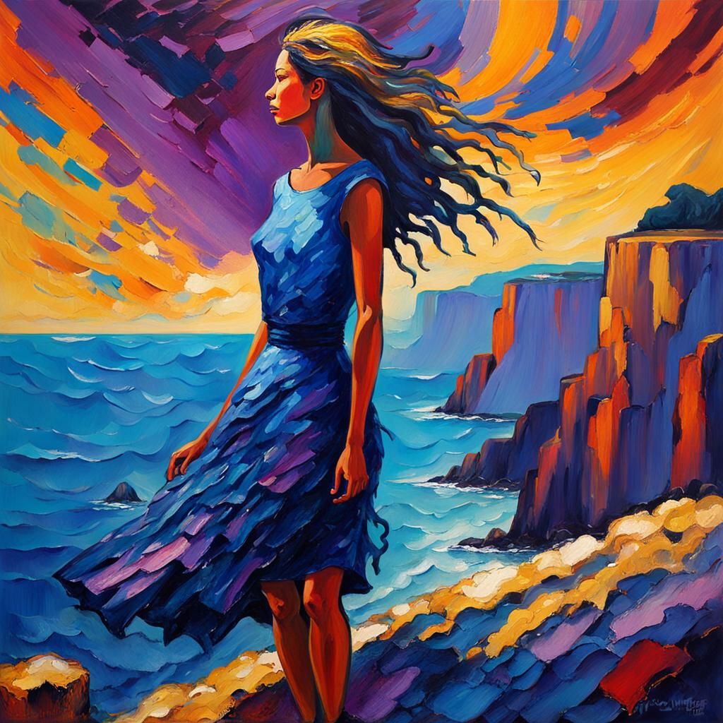 Woman Overlooking Ocean in Fauvist Expressionism
