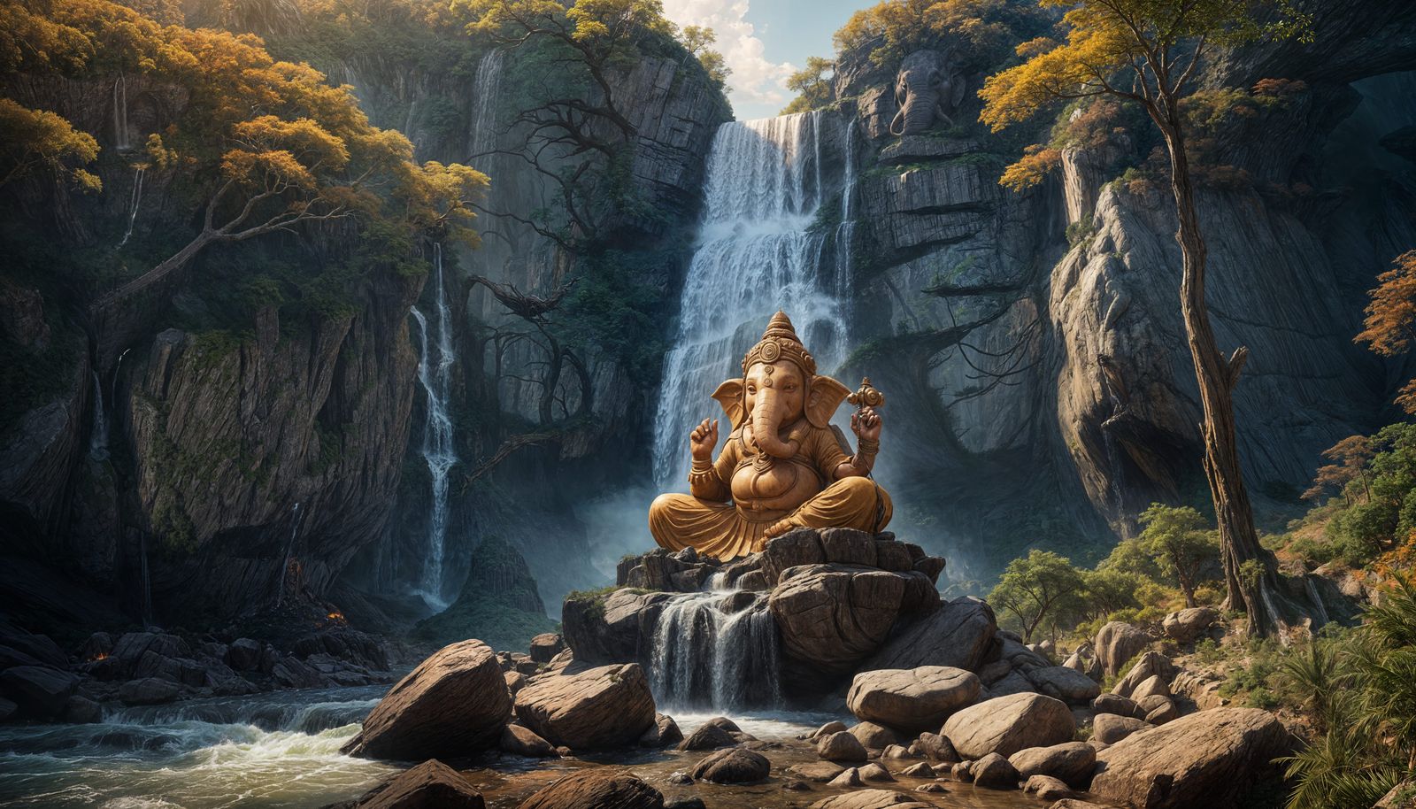 Epic Stone Ganesh Waterfall Paradise in Matte Painting Style