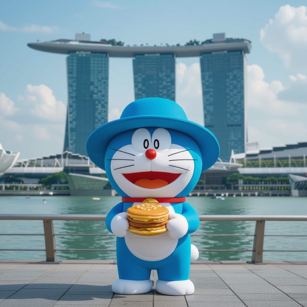 Doraemon at Marina Bay Sands: Photorealistic Urban Scene