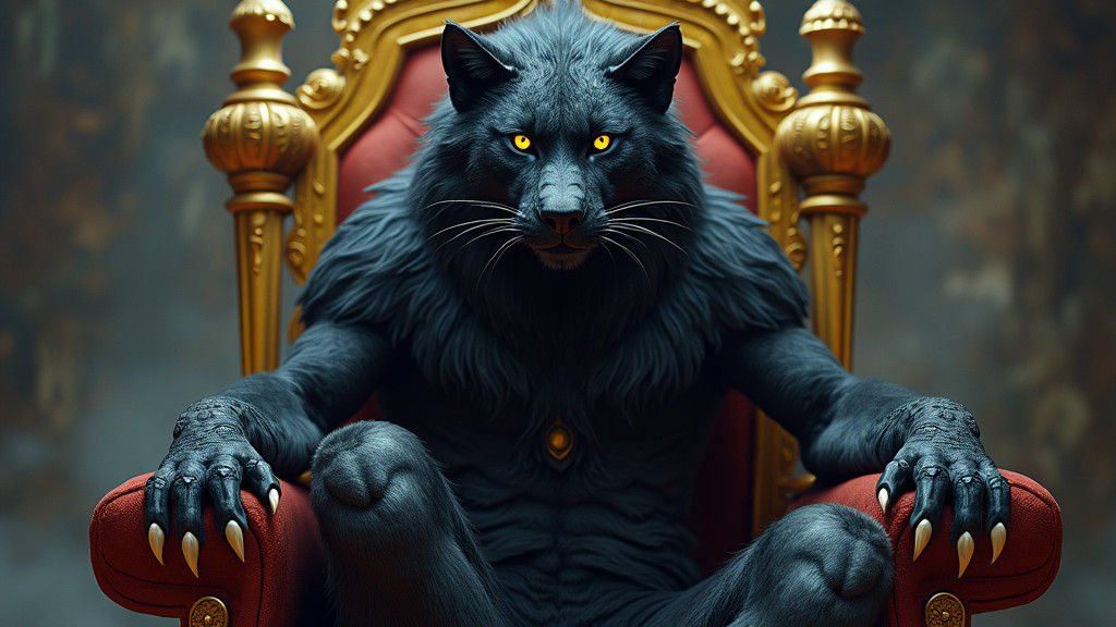 Regal Wolf-Liger King on Throne, Digital Art