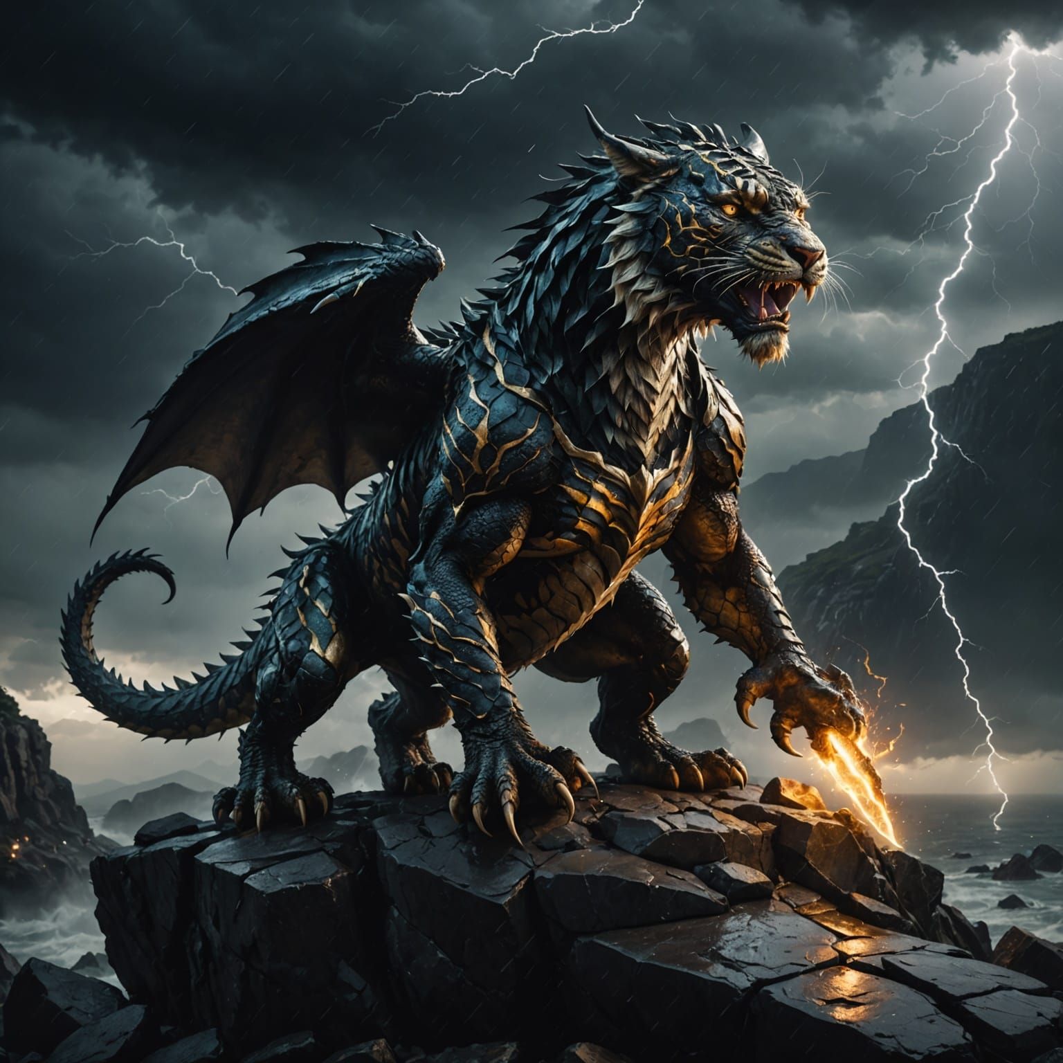 Dragon-Tiger Creature on Stormy Cliff