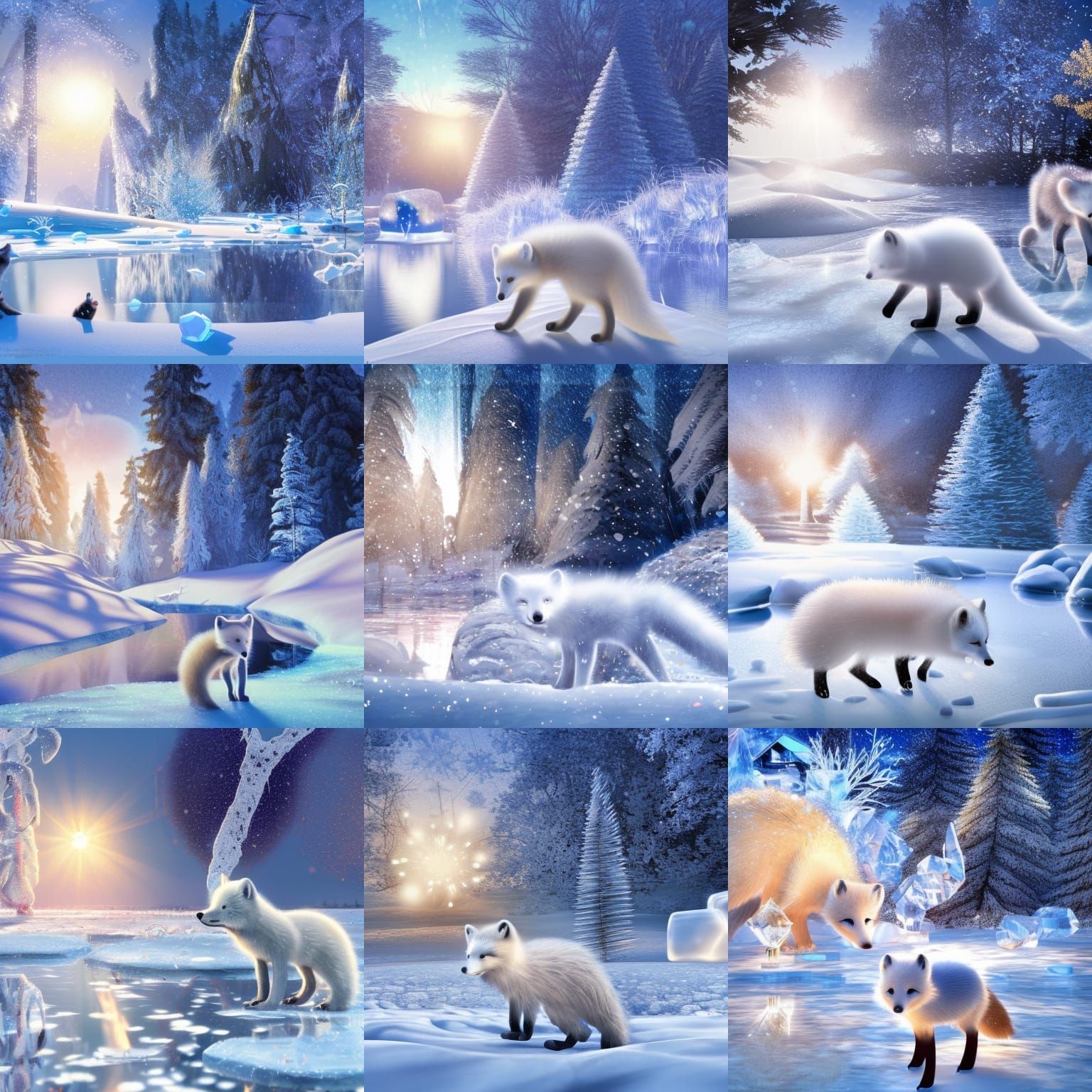 Cute Arctic Fox Kit in Snowy Art Nouveau Landscape