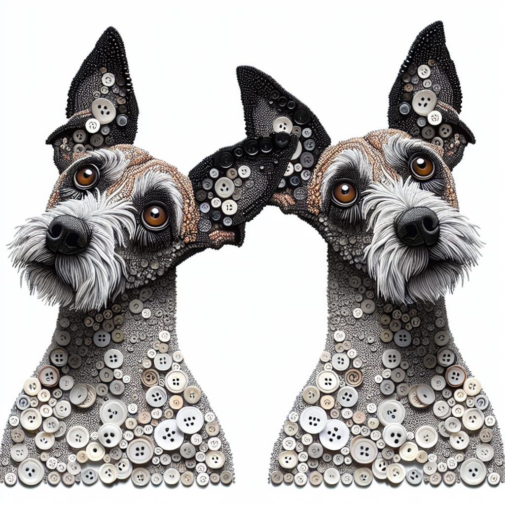 Whimsical Button Portrait of Two Curious Dogs