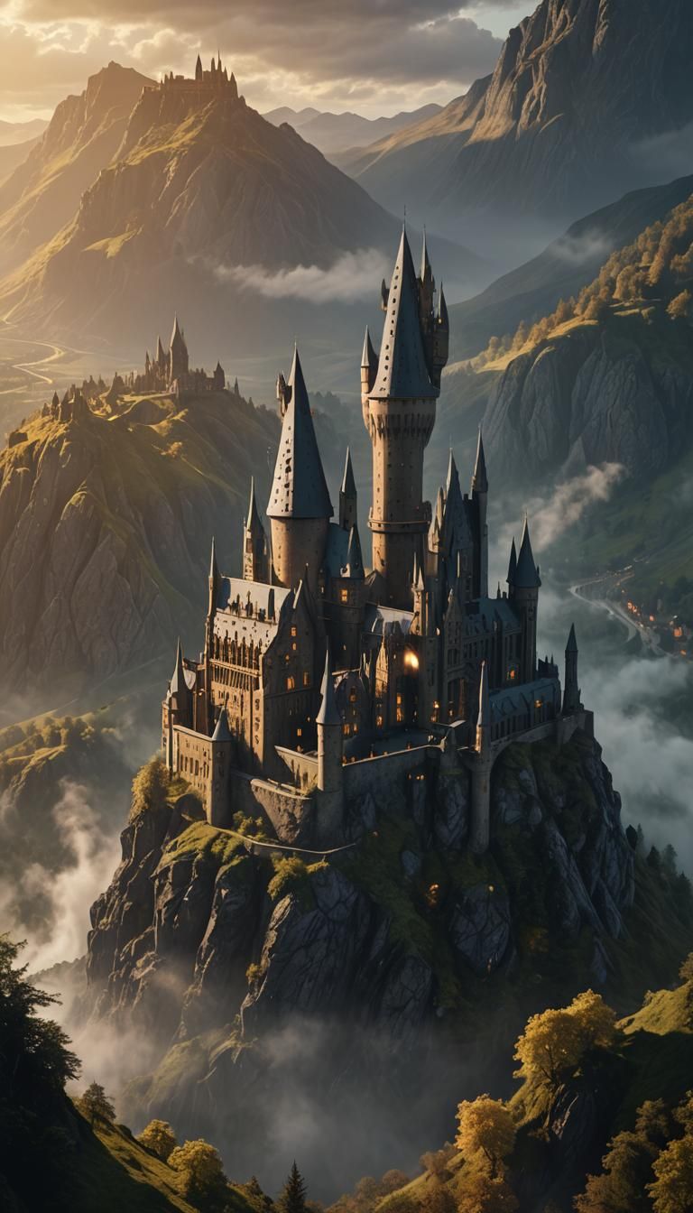 Hogwarts Castle on Misty Mountain in Digital Painting