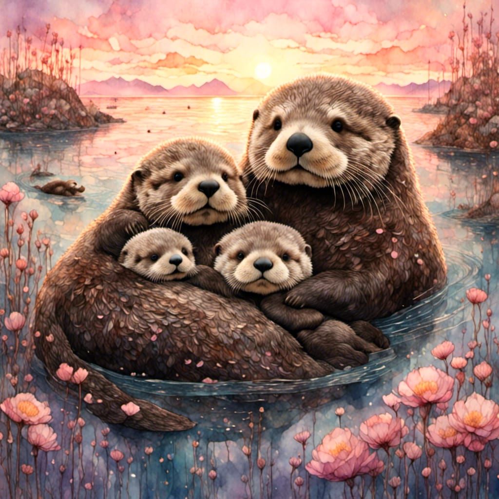 Sea Otter Mothers with Babies in Watercolor Style