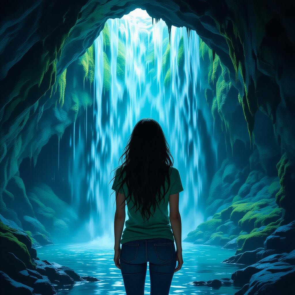 Girl In Mossy Cave Behind Waterfall