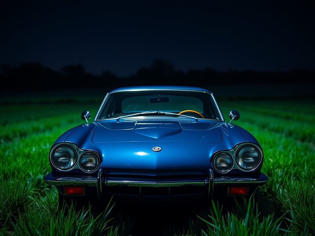 Classic Blue Car in Field: Pop Art Style