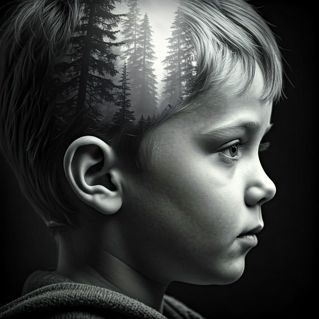 Boy with Forest Image, Black and White Cinematic Photo