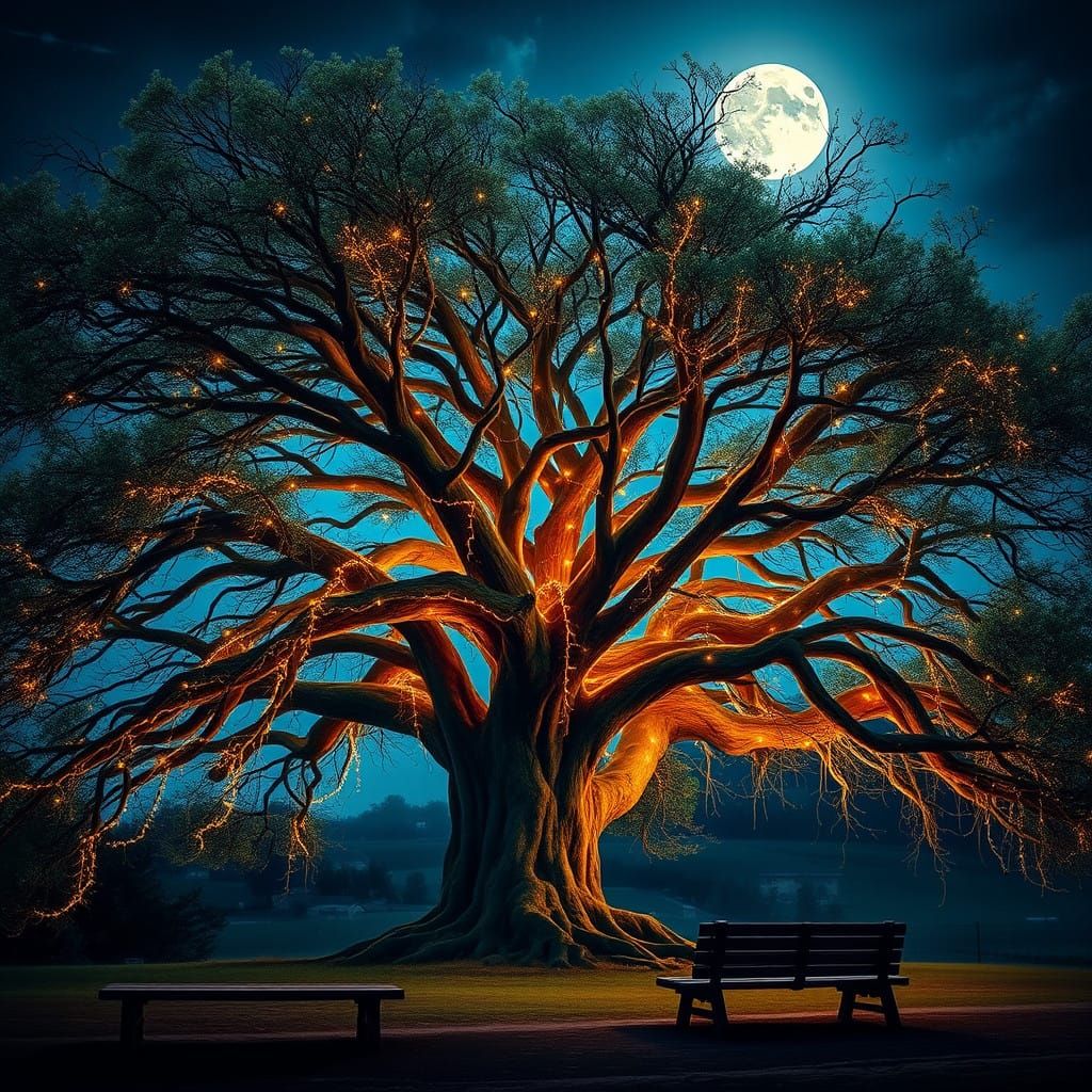 Ethereal Banyan Tree Glows with Christmas Lights under Moonl...