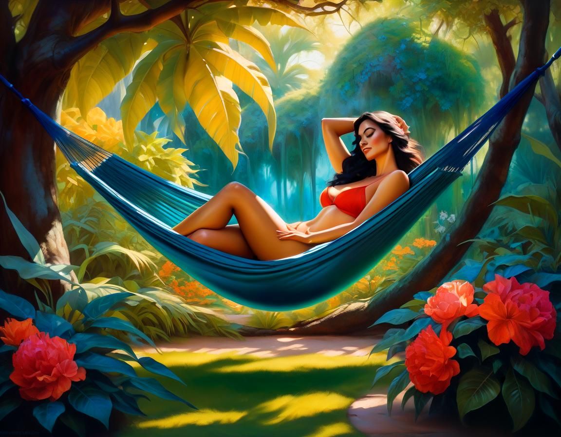 Woman Relaxing in Garden: Fantasy Oil Painting