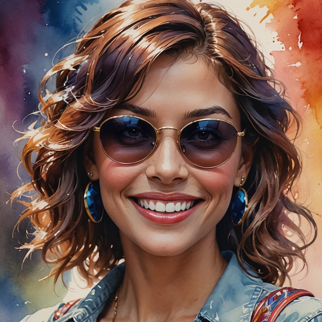 American Woman with Sunglasses Portrait in Watercolor Style