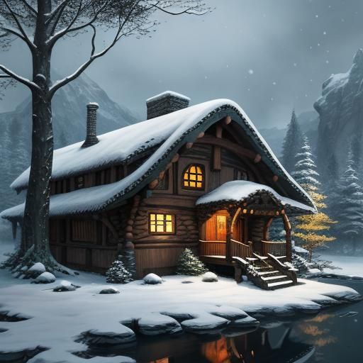 Hyperrealistic Hobbit Home in Winter Concept Art
