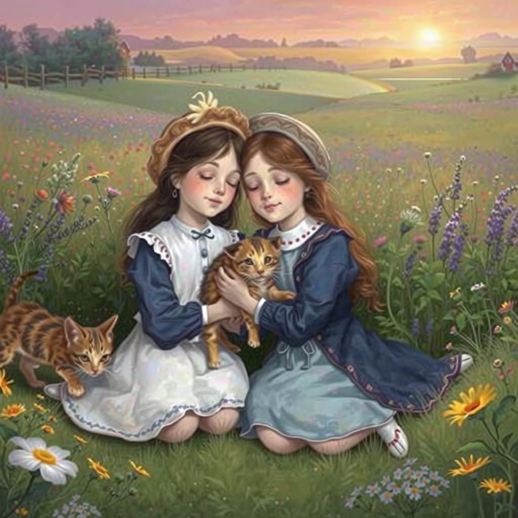 Kitten and Puppy in Wildflower Field, Digital Watercolor