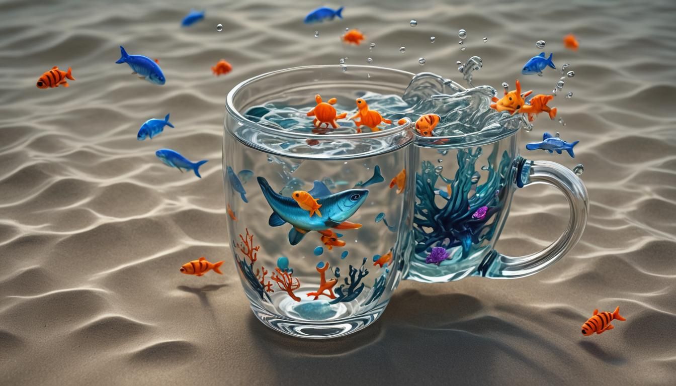 Sea Creatures Swim in Glass Coffee Cup: Hyperrealistic 3D