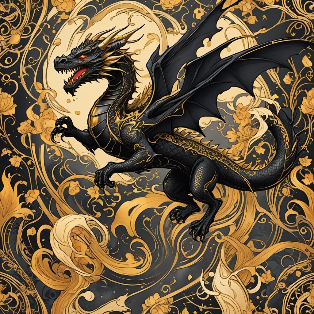 Black and Gold Dragon in Flight, Art Nouveau
