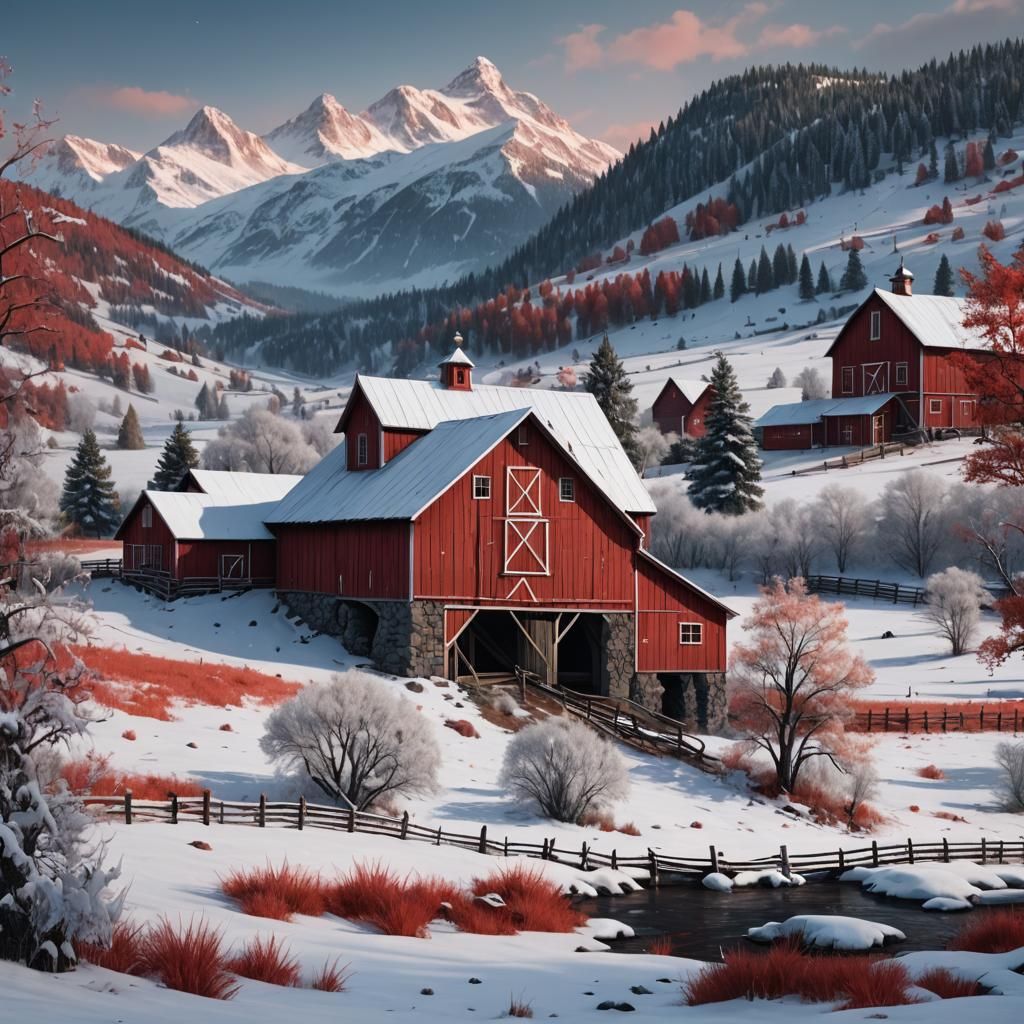 Red Barn in Snowy Landscape, Detailed Matte Painting