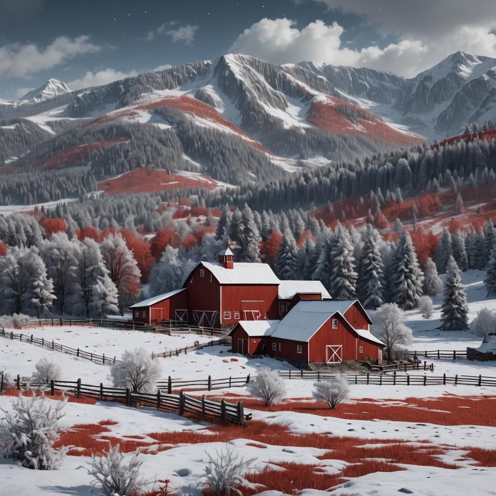 Snowy Barn in Detailed Matte Painting Style