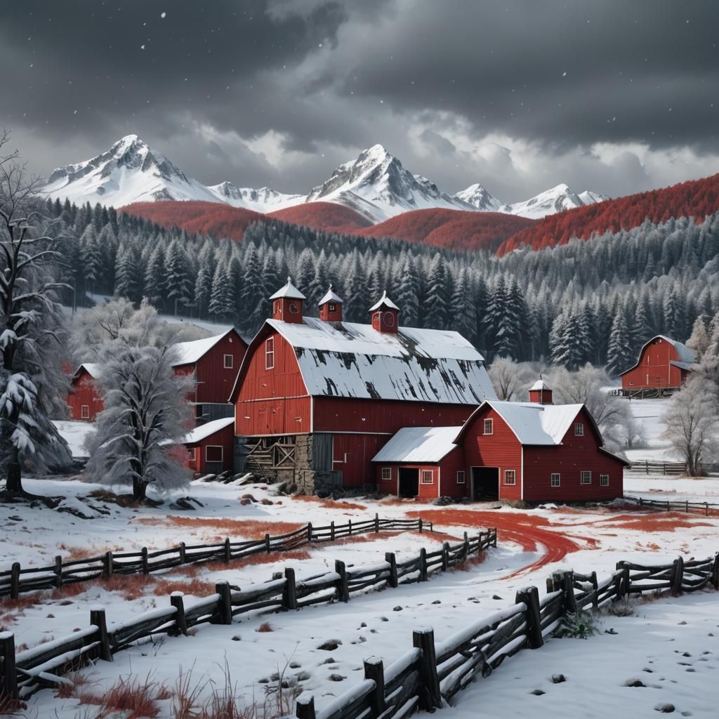 Red Barn in Snowy Landscape: Detailed Matte Painting