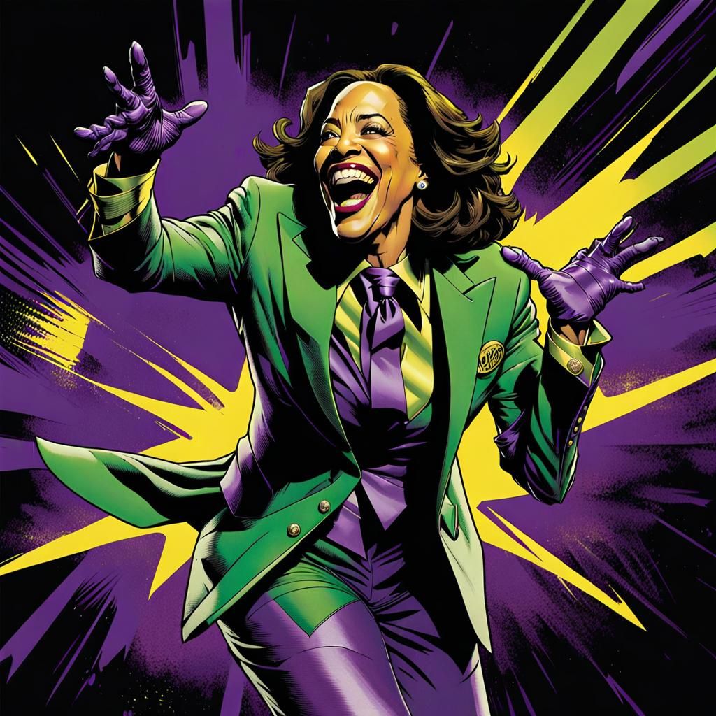 Kamala Harris as The Joker in a Dynamic Comic Book Art