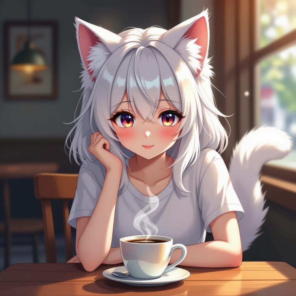 Cute Anime Girl with Caviar Cat Ears and Tail