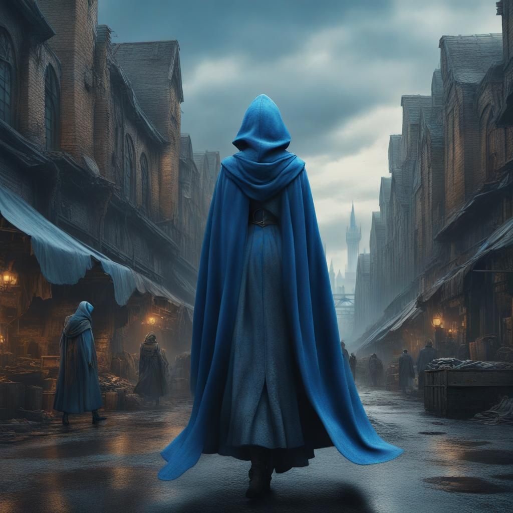 Princess and Cloaked Figure in Industrial City