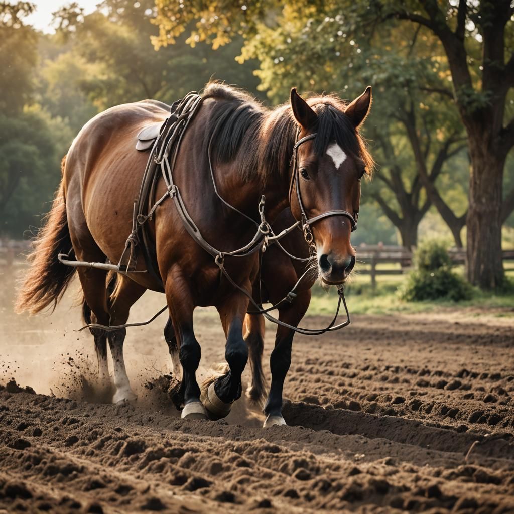 Horse Plowing Field in Warm Sunlight: Equine Photography