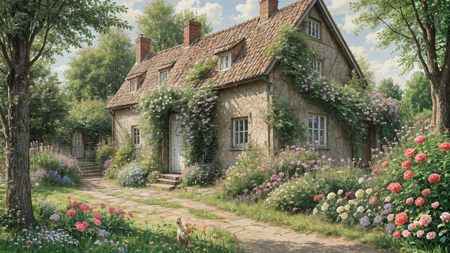 Roses Bloom in Idyllic Danish Garden Cottage