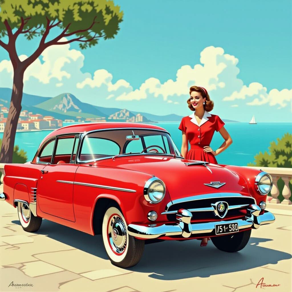 1950s Italian Sedan in Countryside with Model