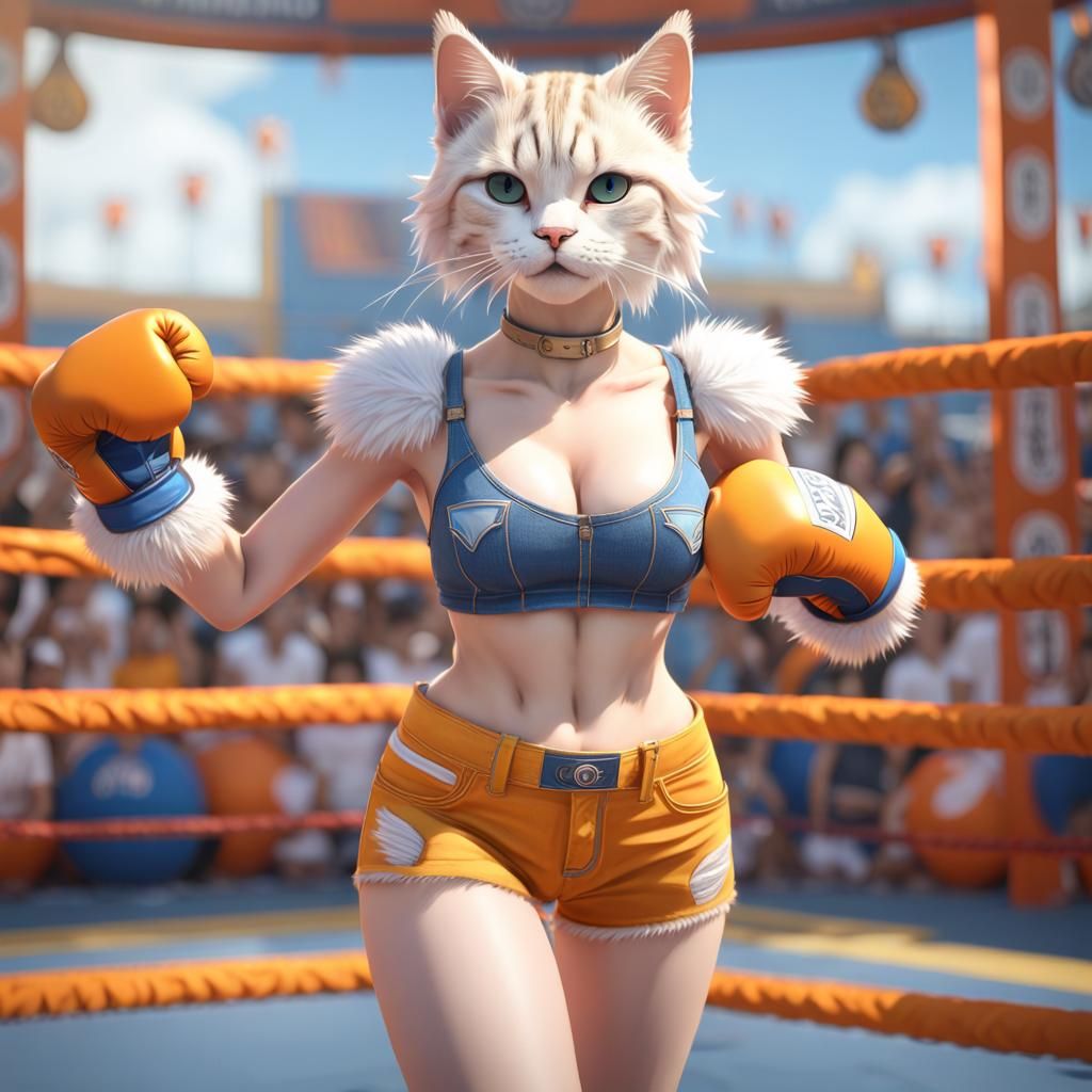 Anime Cat-Woman Boxer in Hyperrealistic Style