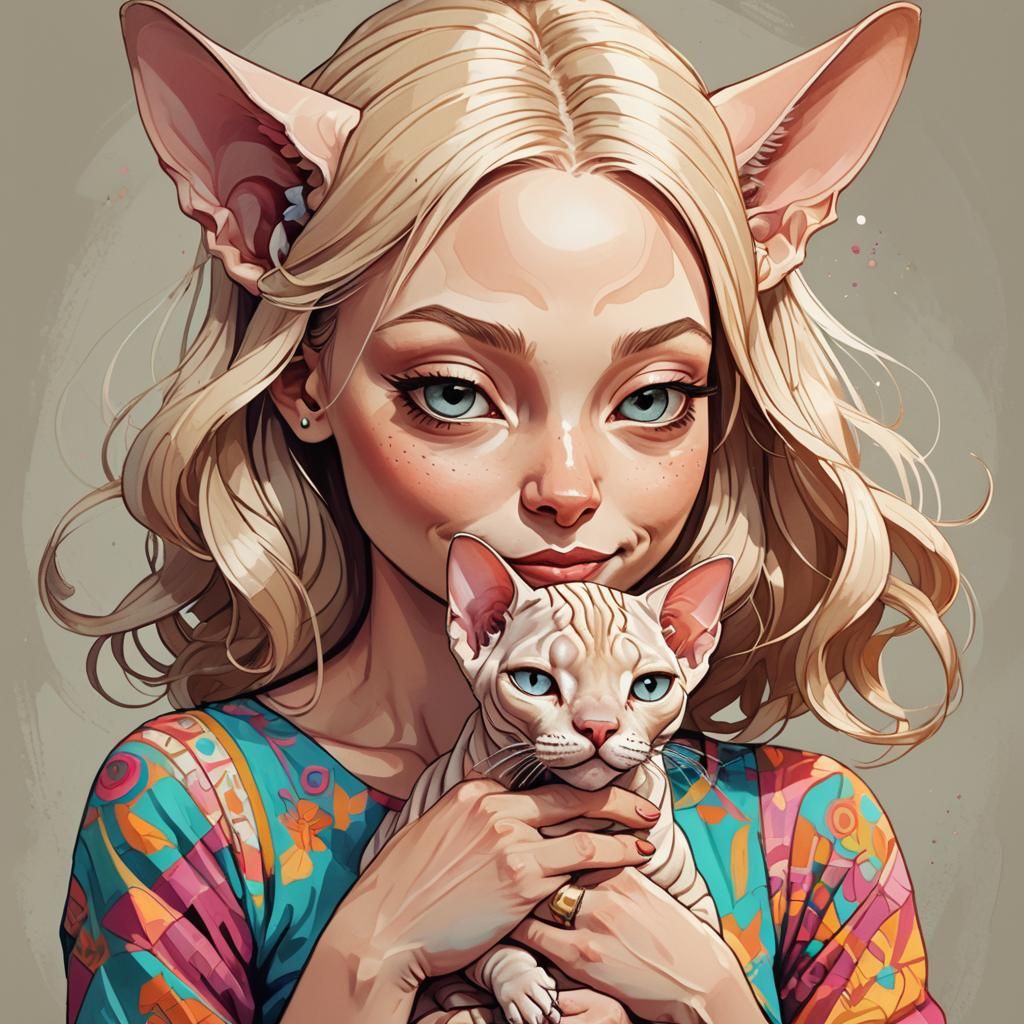 Girl with Sphynx Cat in Cartoon Illustration Art