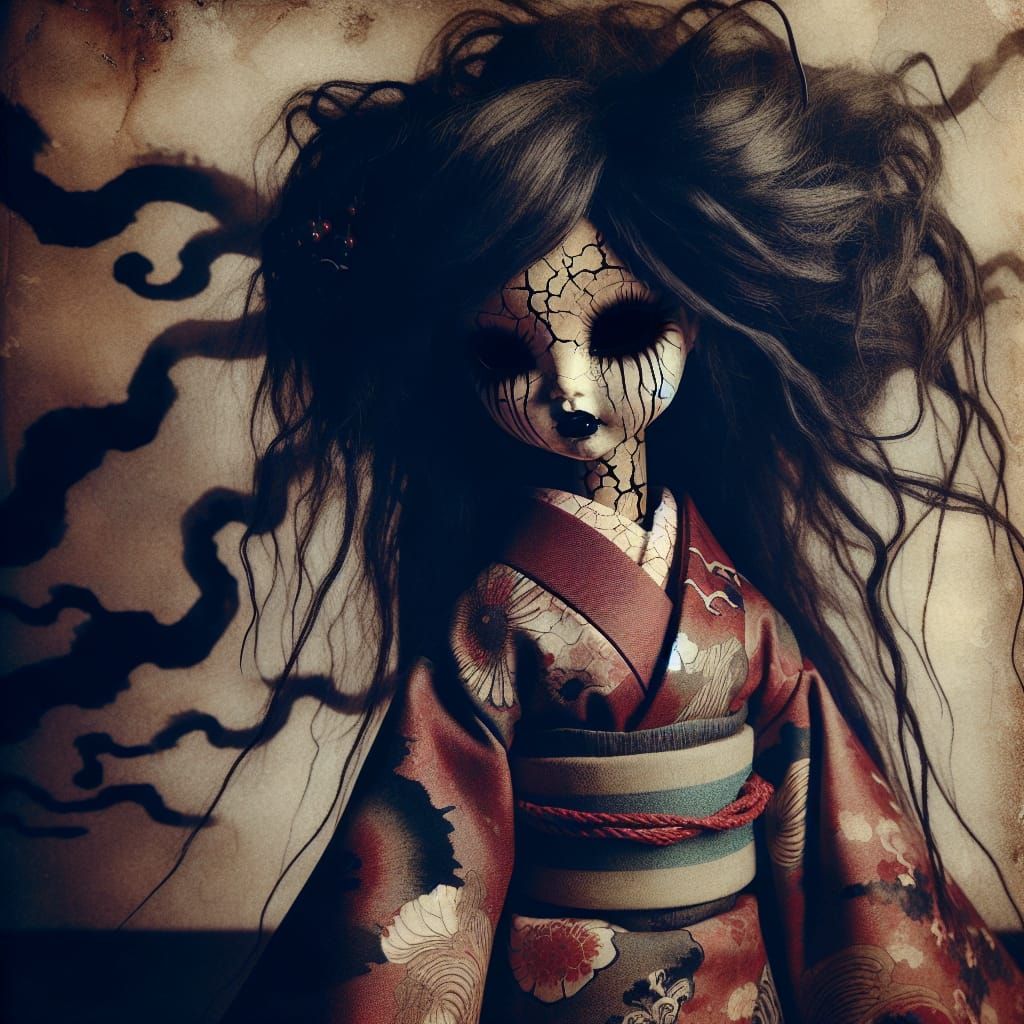 Eerie Japanese Doll in Ukiyo-e Style with Candlelight