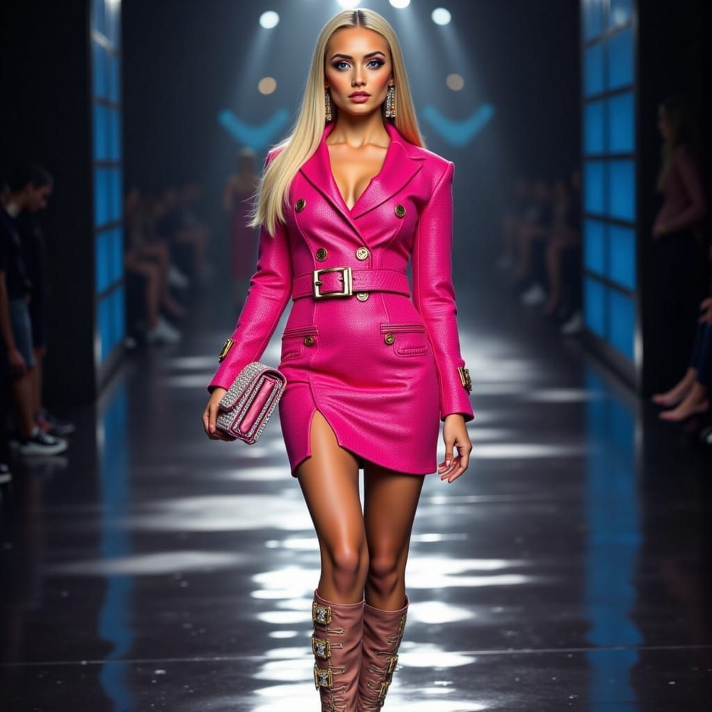 Model in Hot Pink Crystal Suit on Reflective Runway