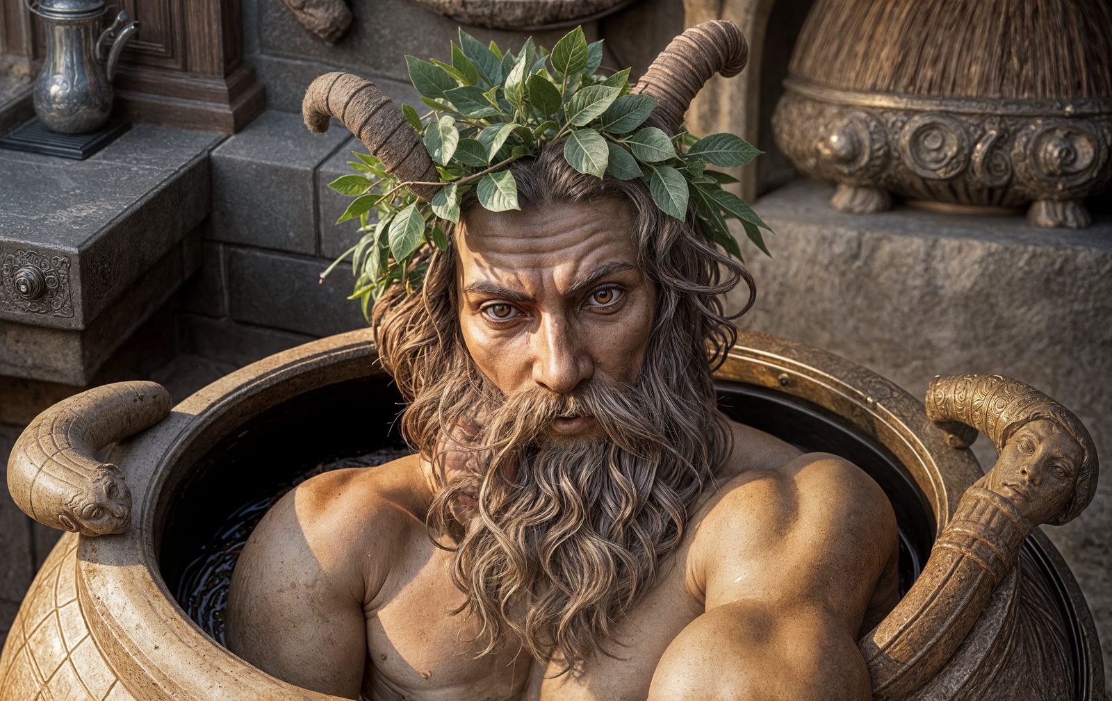 Ancient Satyr Cooks in a Cooking Pot