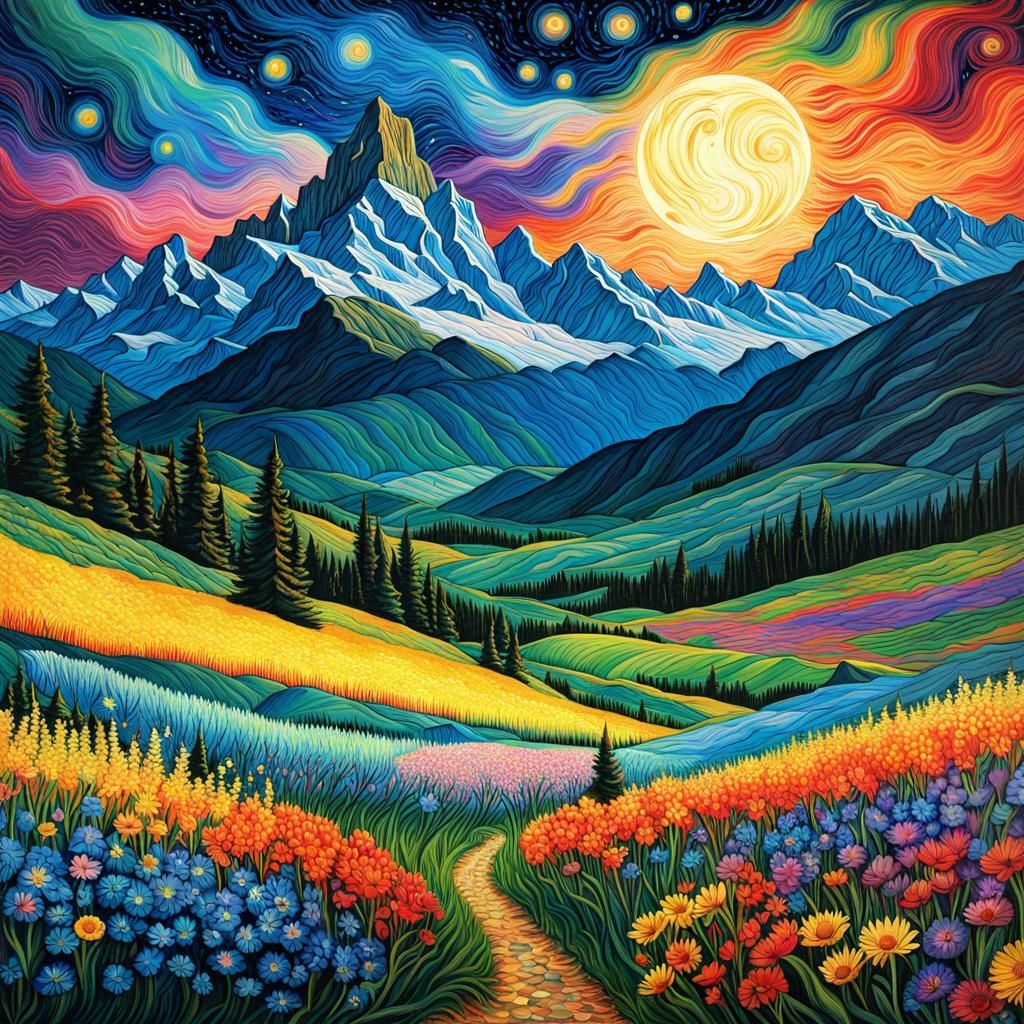 Colorful Flower Field with Starry Sky, Anime Art