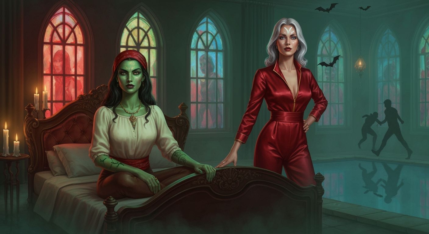 Gothic Horror Scene with Two Women in Ornate Chamber