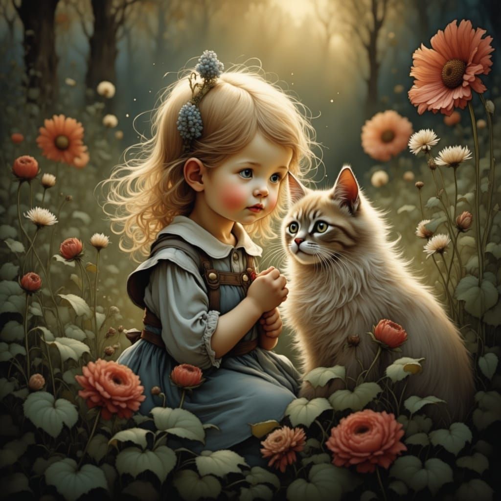 Whimsical Portrait of a Toddler with a Gentle Cat in a Vibra...