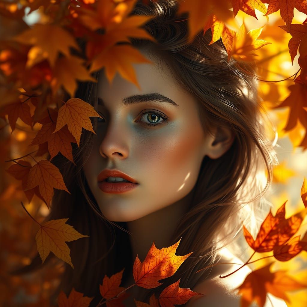 Ethereal Autumn Goddess Emerge from Whirling Leaves