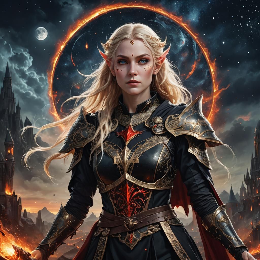 Elven Sorceress Portrait with Fiery Sky, Fantasy Art