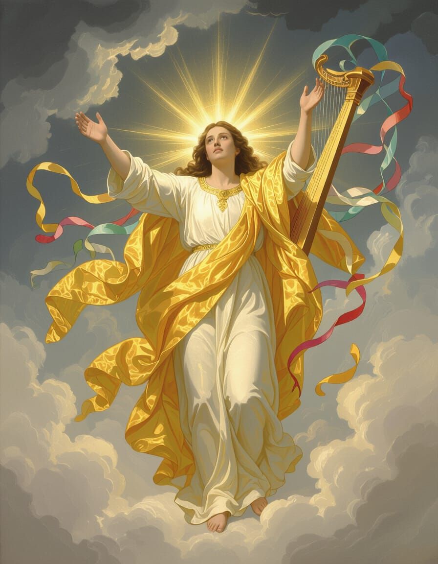 Figure in Radiant Garments Praises Sunlight Breaking Through...