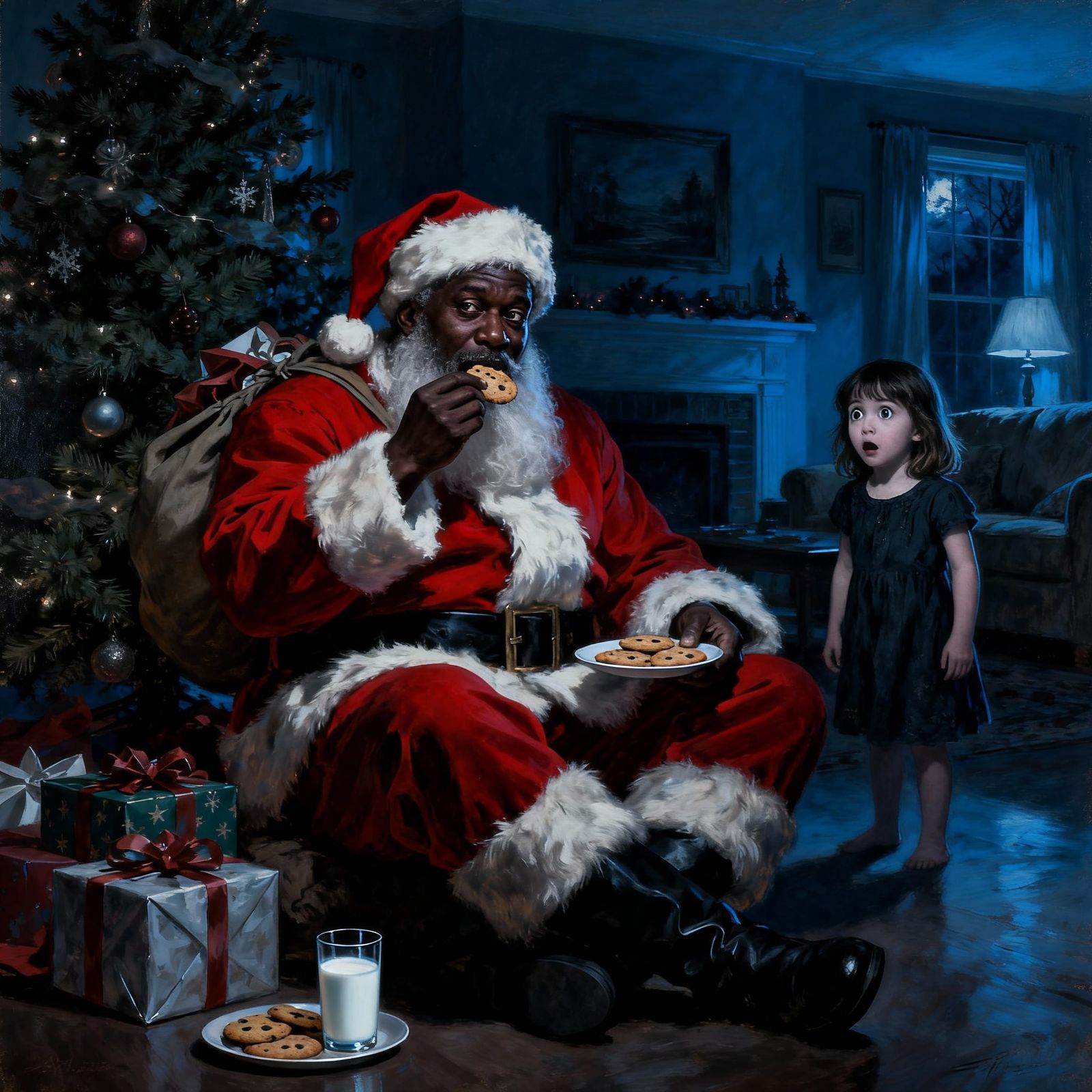 African American Santa Surprises Girl in Hyperrealistic Pain...